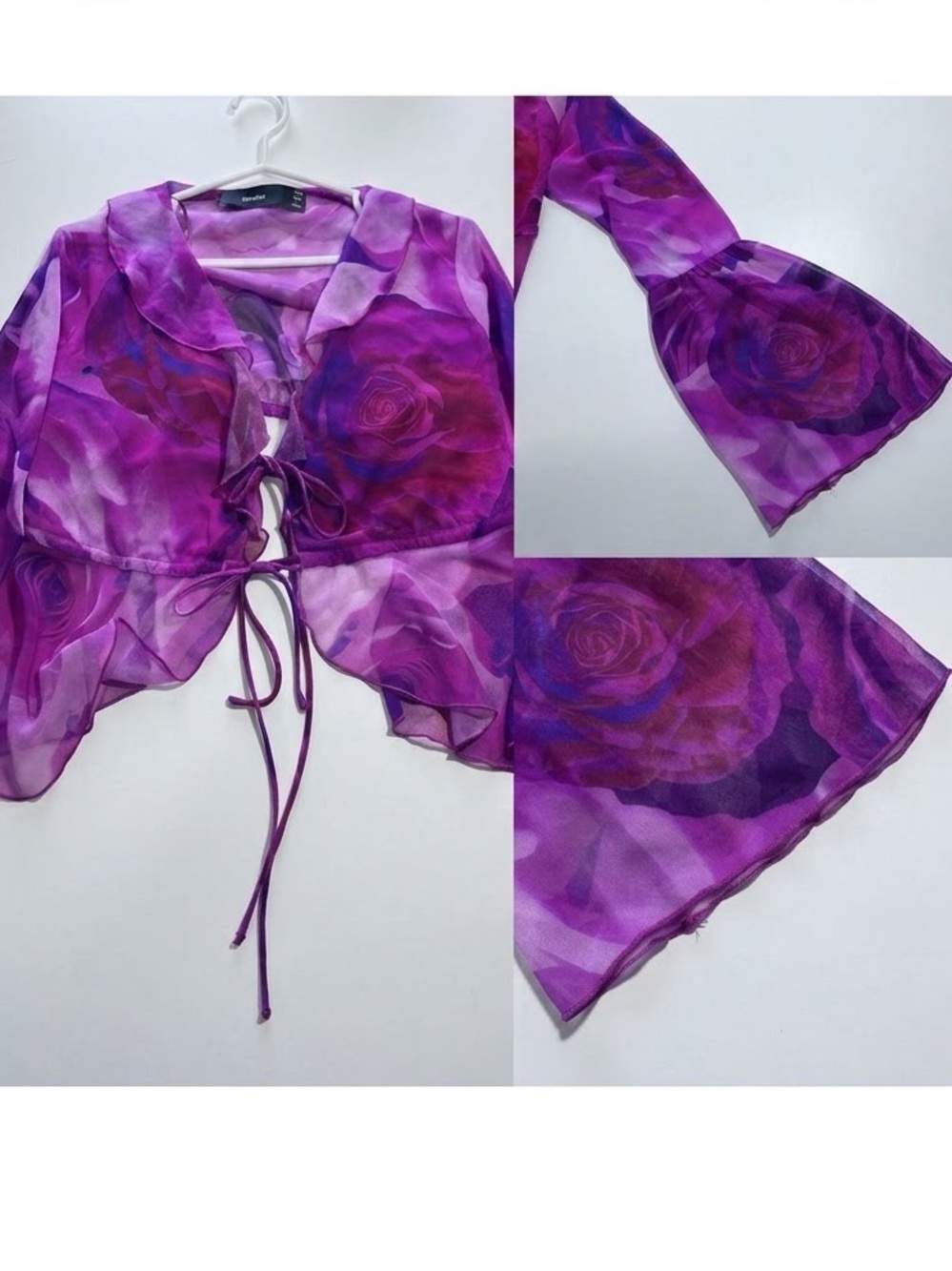 Bershka Fuchsia Purple Floral Mesh Tie Front Cropped Blouse Bell Sleeve Women M